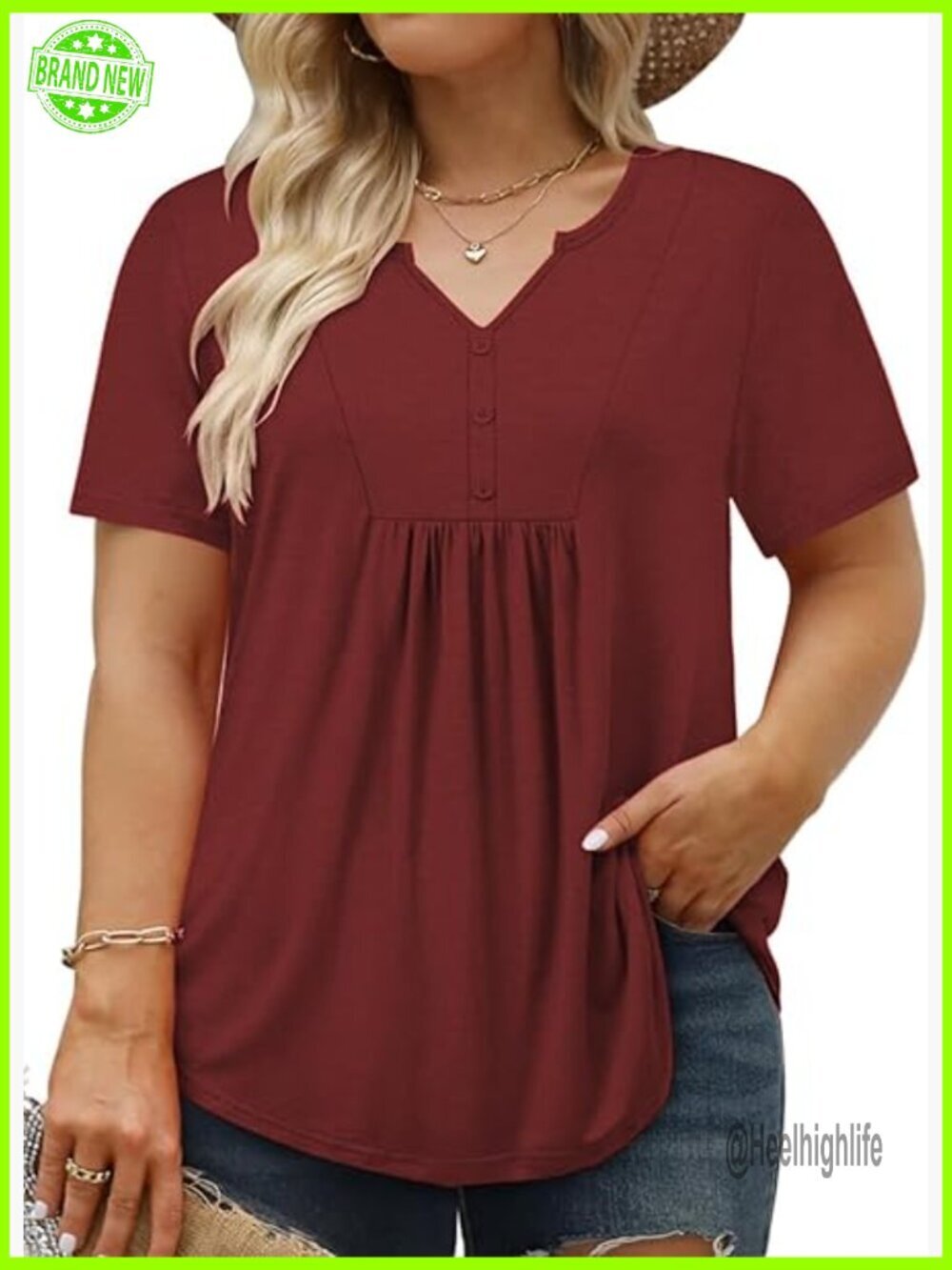 Plus Size V-Neck Tunic Top with Button Detail, Loose Fit Summer Blouse